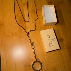 Twisted Silver Long Necklace with Gold Magnifying Glass Pendant